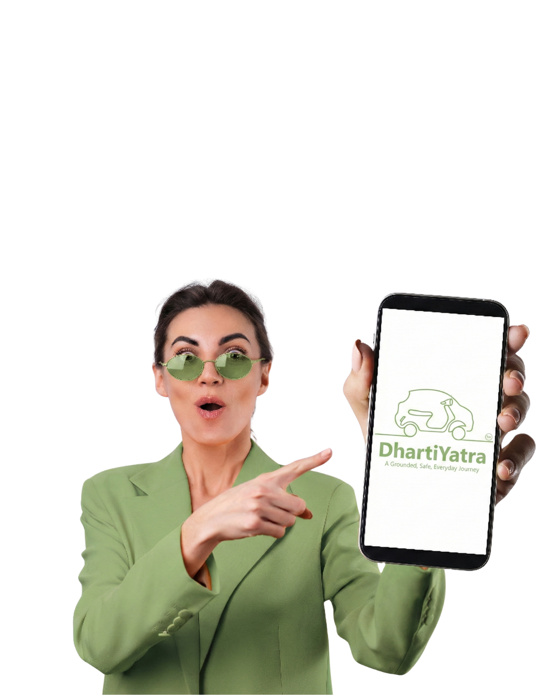 A person holding a phone showing the DhartiYatra app.
